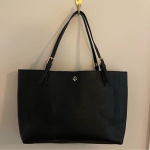 Black Tory Burch work tote with laptop sleeve